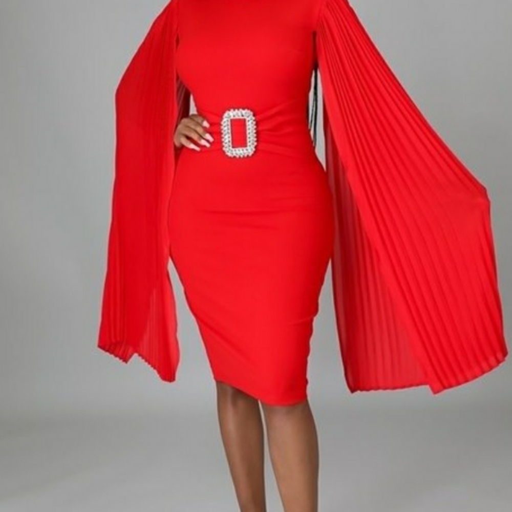 Elegant Red Pleated Sleeve Dress